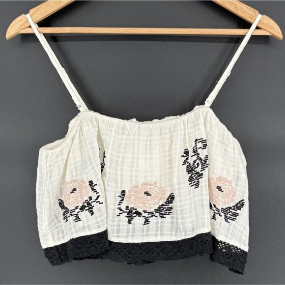 American Eagle Women Floral Embroidered Cami Crop Top M Off White Boho Festival - Picture 1 of 12